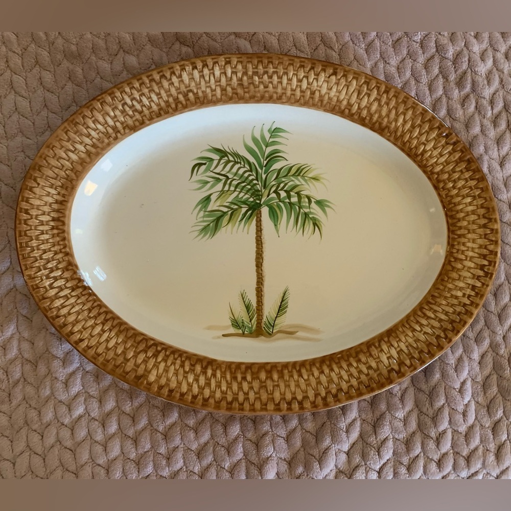 Home Green Palm Tree Large Ceramic Platter Tan Wicker Rattan look Edge Oval